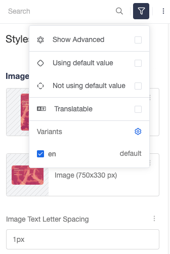 Screenshot showing Each creative has settings available for you to edit. The settings, displayed in the scrolling right-hand column, can be filtered and searched using the menu...