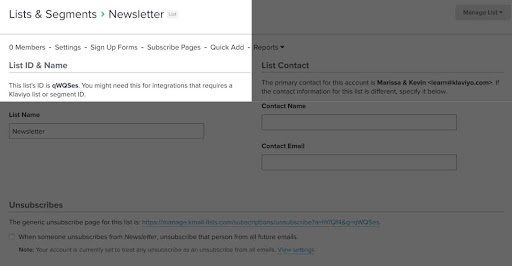 Screenshot showing Find your list ID near the top of the page and copy it for later use.