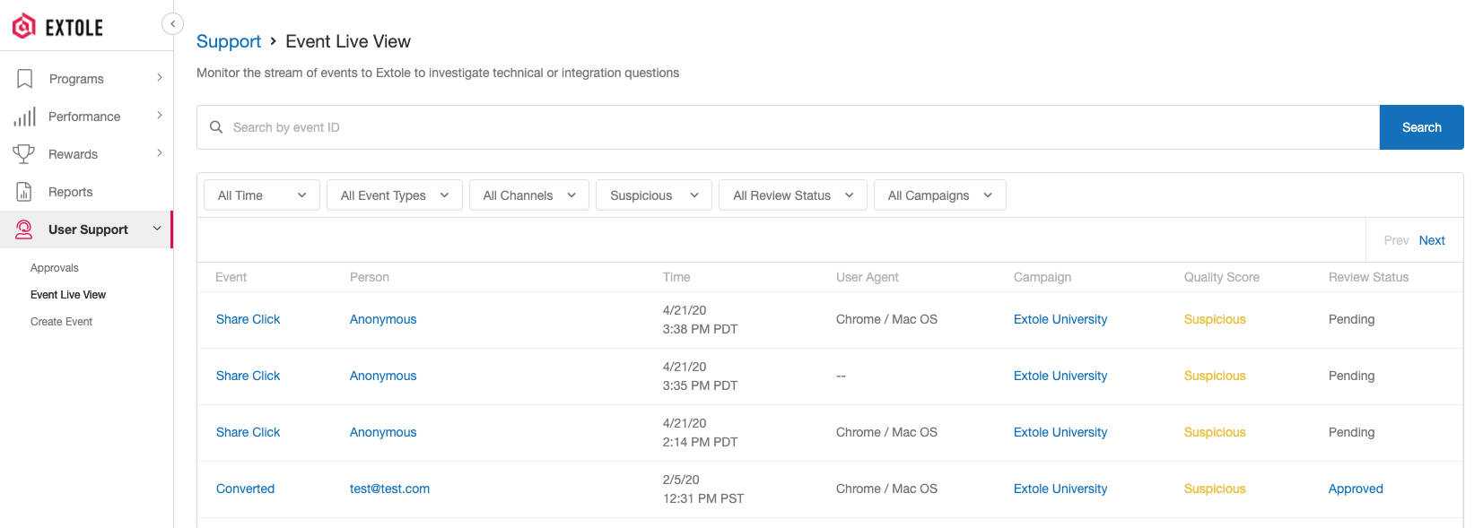 Screenshot showing Every event created in Extole appears in Event Live View in the User Support section of your My Extole account. Use the filters at the top of the table on...