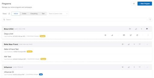 Screenshot showing When you first log in to My Extole, you’ll land on the Programs page. Here you’ll see a list of your Extole programs and the campaigns within them. Each...