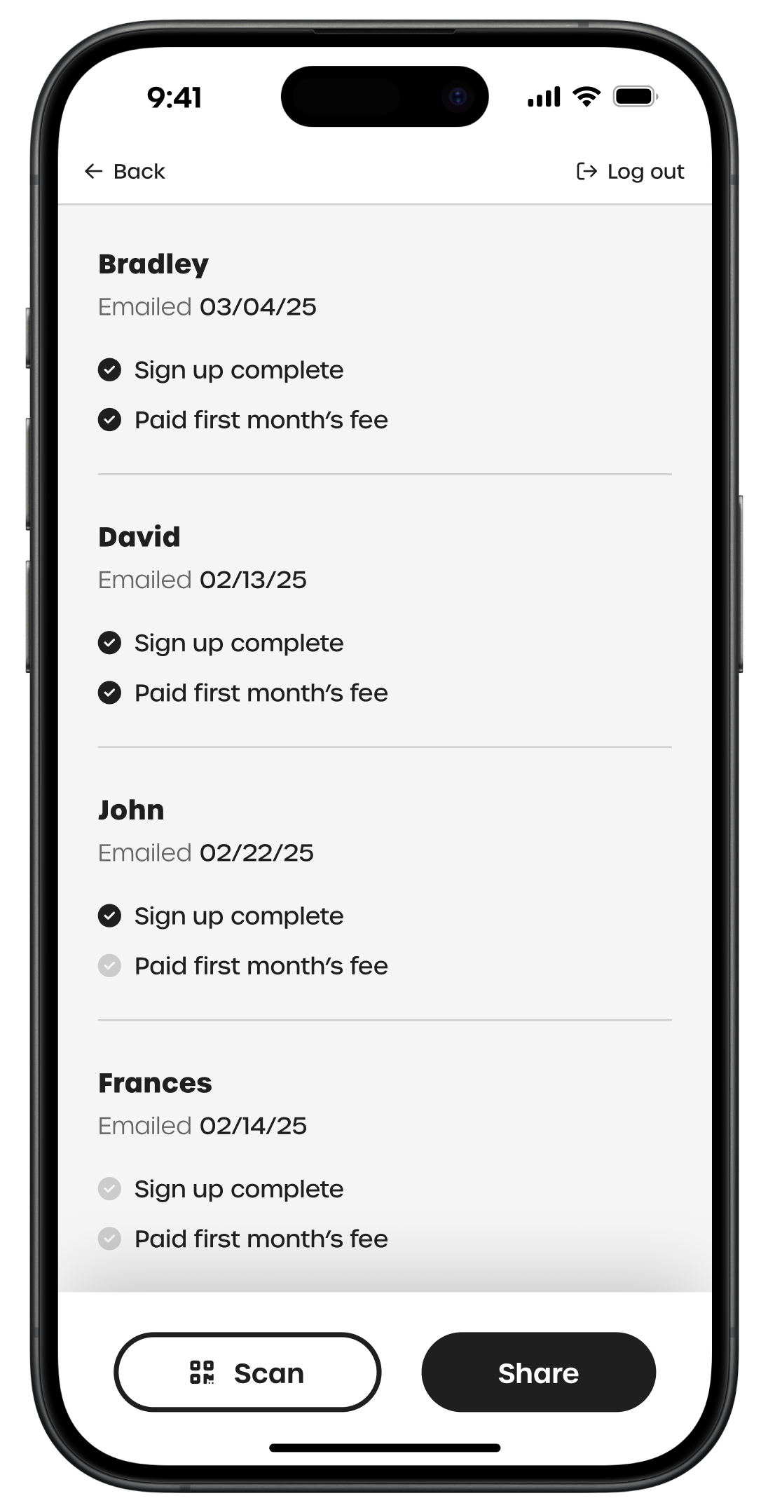 Screenshot showing Go Extole users can see their own referral metrics in-app. Users can see their reward earnings, who they referred, the date of referral, and which key steps...