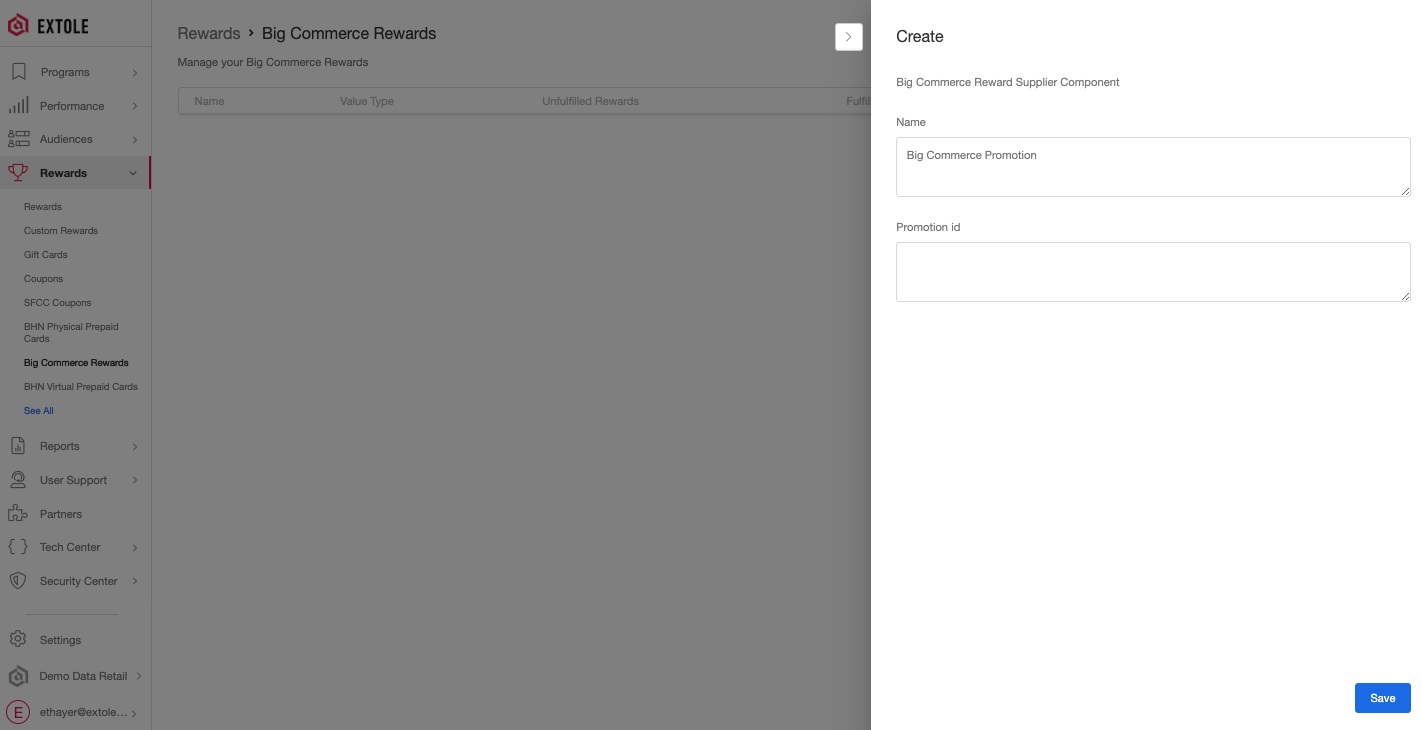 Screenshot showing Select the BigCommerce Coupons from the Reward Supplier and make sure to indicate a Name for the reward and the Promotion ID for the Promotion you created in...