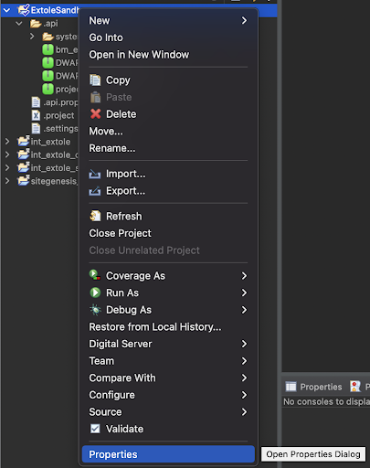 Screenshot showing Link the cartridge to your sandbox. Right click on the ExtoleSandbox and select Properties from the dropdown menu.