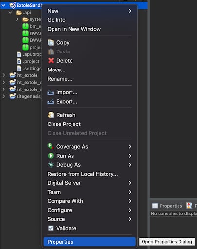 Screenshot showing Link the cartridge to your sandbox. Right click on the ExtoleSandbox and select Properties from the dropdown menu.