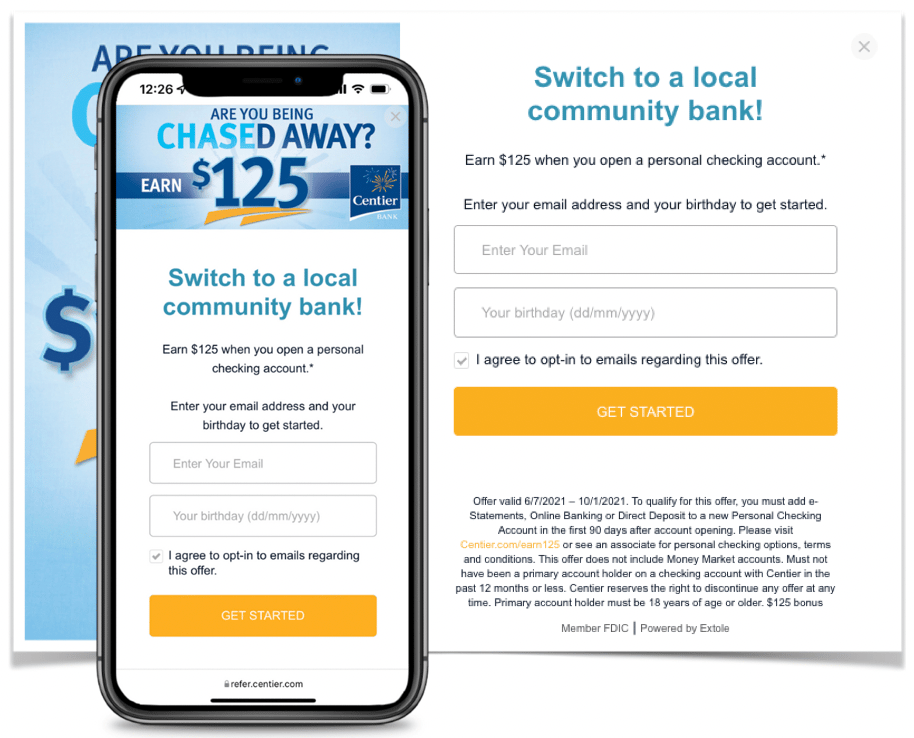 Screenshot showing Once your new customers click on one of your promotions, an email capture experience will open where they’ll input their email address. If the signup passes...
