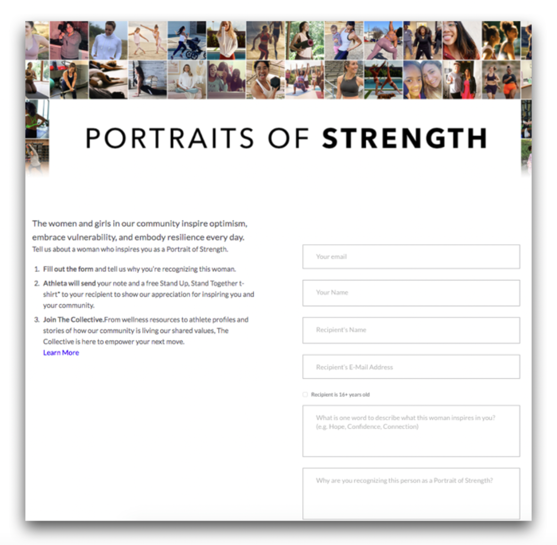 Screenshot showing Athleta launched two nomination programs. The first targeted people who had attended their virtual event, Empower(hour), where attendees could nominate women...