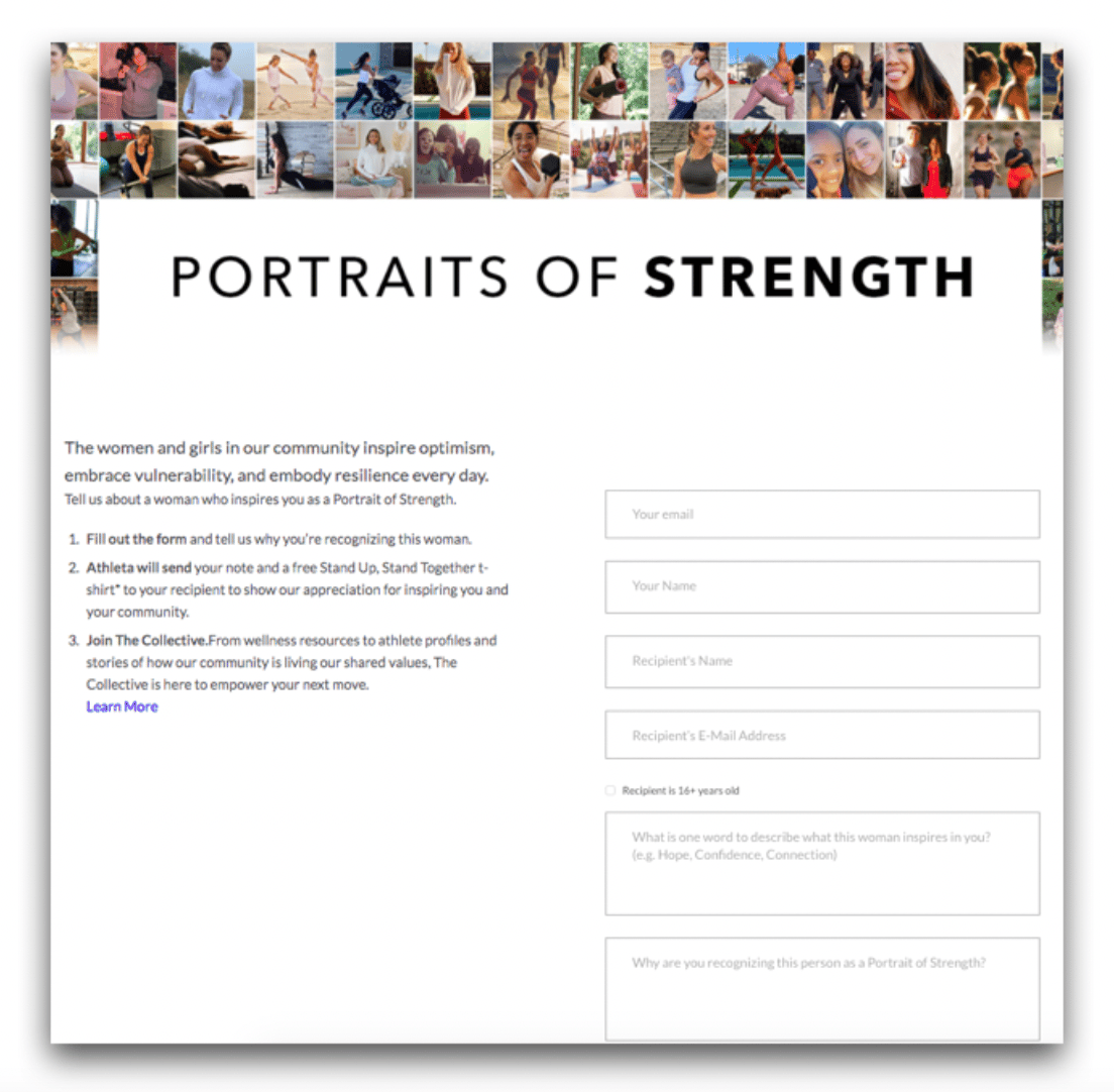 Screenshot showing Athleta launched two nomination programs. The first targeted people who had attended their virtual event, Empower(hour), where attendees could nominate women...