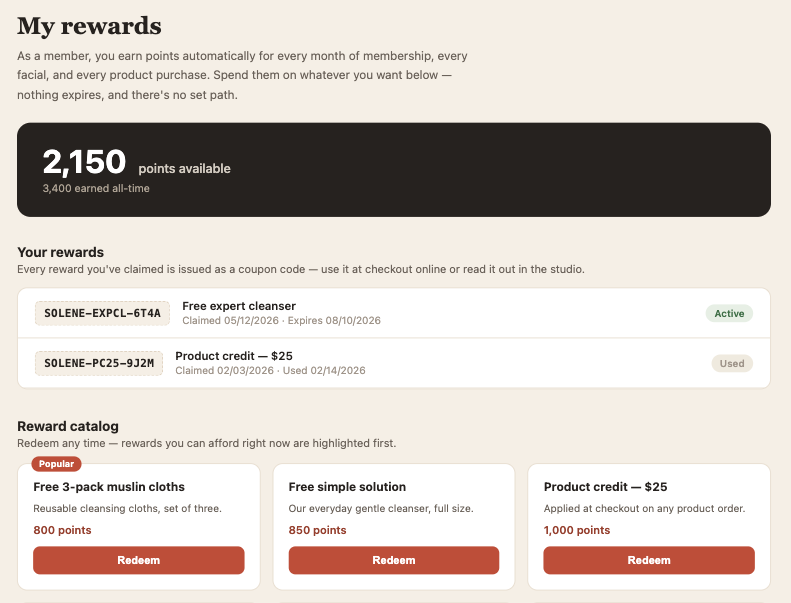 A member rewards page showing a points balance, claimed reward coupon codes with their states, and a reward catalog priced in points