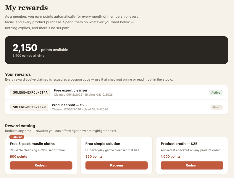 A member rewards page showing a points balance, claimed reward coupon codes with their states, and a reward catalog priced in points