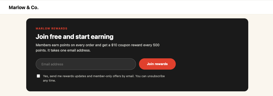 A branded loyalty enrollment block with an email field, a Join rewards button, and an unchecked marketing consent box