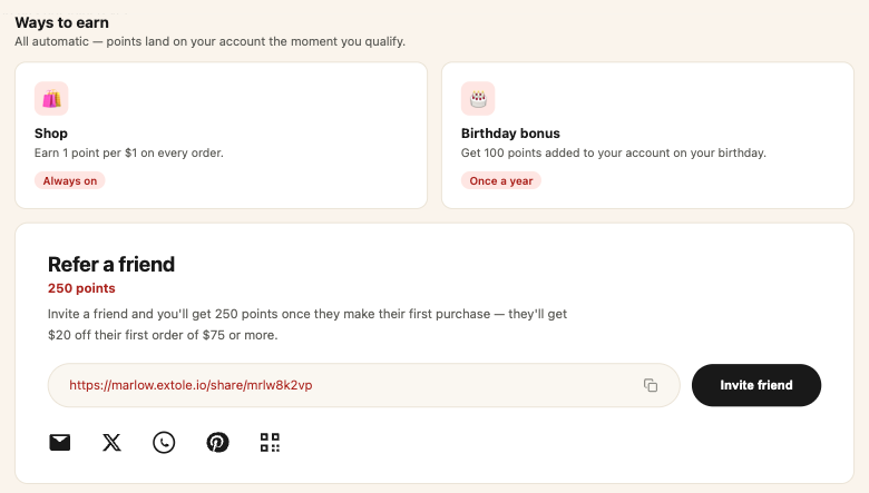 A Ways to earn panel listing a Shop and a Birthday bonus way to earn above a Refer a friend block with a share link and share channels