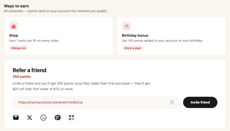 A Ways to earn panel listing a Shop and a Birthday bonus way to earn above a Refer a friend block with a share link and share channels