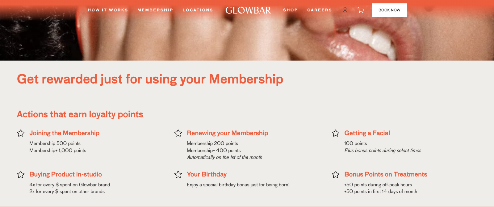 A brand's loyalty page under the heading Actions that earn loyalty points, listing six ways to earn with the points each one is worth: joining the membership, renewing the membership, getting a facial, buying product in-studio, a birthday bonus, and bonus points on treatments.