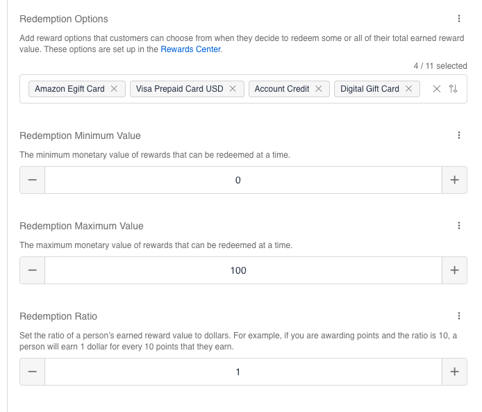 Redemption Options with four rewards selected, Redemption Minimum Value 0, Redemption Maximum Value 100, and Redemption Ratio 1.