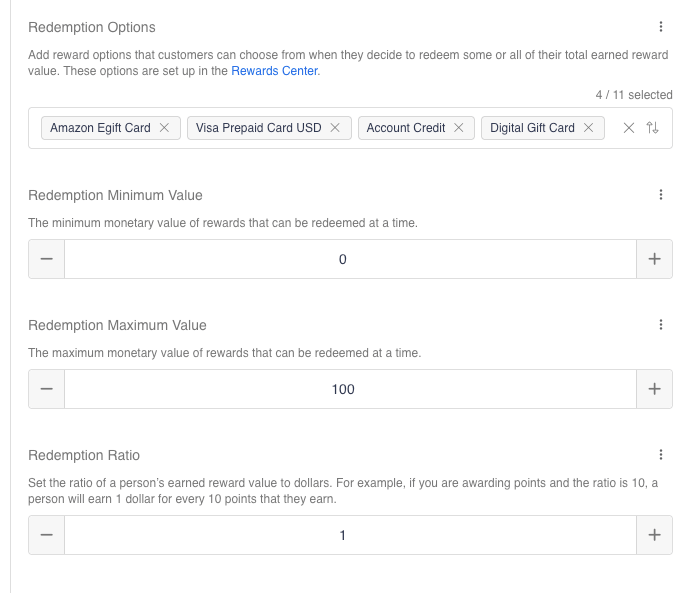 Redemption Options with four rewards selected, Redemption Minimum Value 0, Redemption Maximum Value 100, and Redemption Ratio 1.