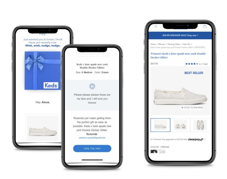 Screenshot showing The friend, significant other, or family member who receives the hint will get all of the necessary details—including a direct link to the product—to...