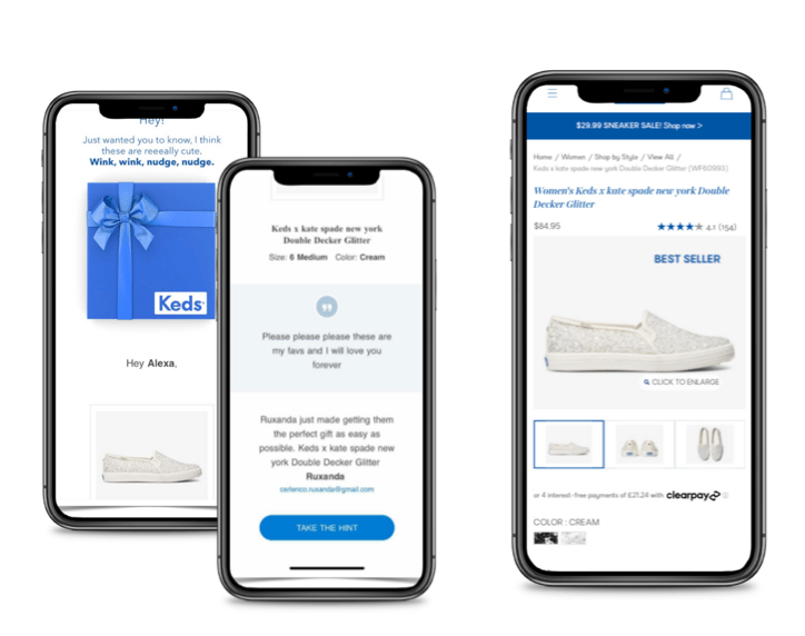 Screenshot showing The friend, significant other, or family member who receives the hint will get all of the necessary details—including a direct link to the product—to...