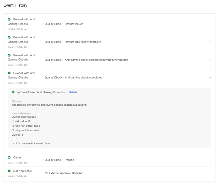 Screenshot showing Find the check called "Maxmind" or "Ip/Email Based Anti Gaming" and expand it to see the scores.