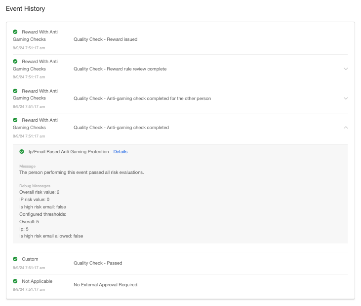 Screenshot showing Find the check called "Maxmind" or "Ip/Email Based Anti Gaming" and expand it to see the scores.