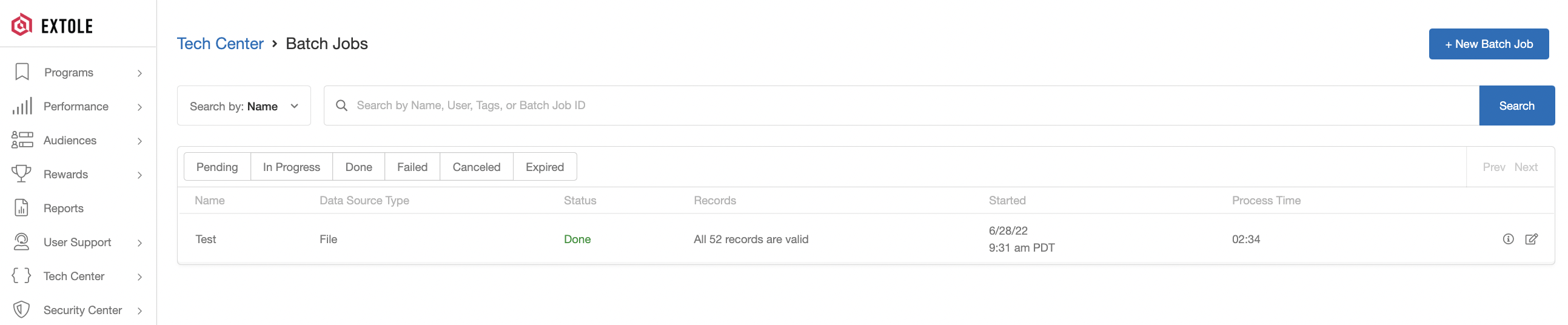 Screenshot showing In the Tech Center of your My Extole account, you have the option to directly upload files of key program events. Our Batch Jobs page offers a powerful...
