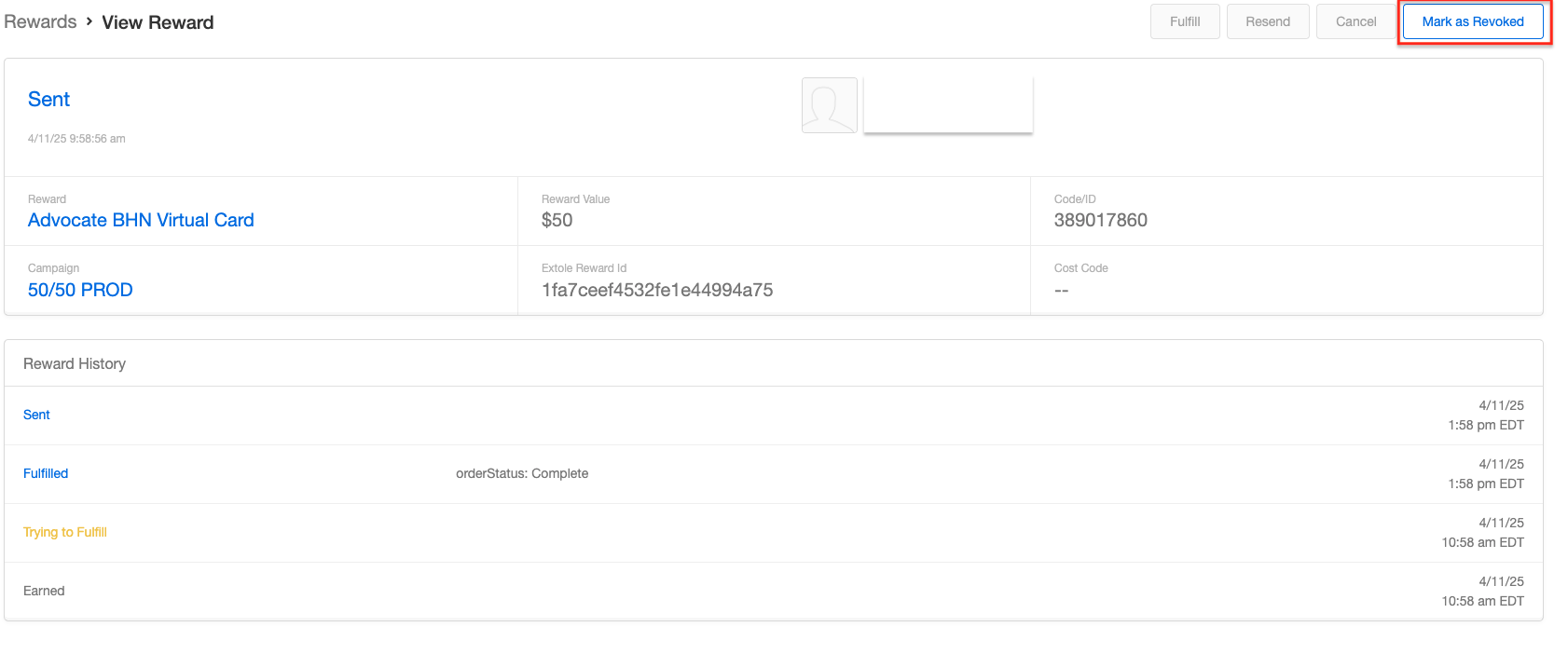 The reward actions menu in My Extole with Mark as Revoked and Cancel