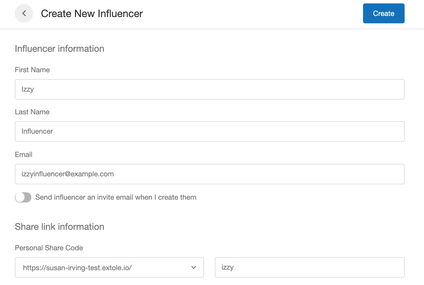 Screenshot showing Add the influencer's information