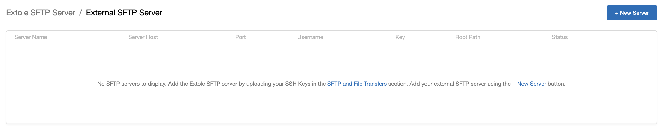 Screenshot showing Once you've created your new SFTP account in SFMC, navigate to the My Extole Tech Center. Here, select External SFTP Server and click on the + New Server button.