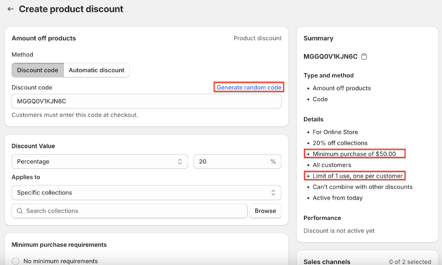 Screenshot showing Generate a random discount code as a placeholder for the rewards that will automatically dispensed by Extole. We recommend setting a minimum purchase amount...