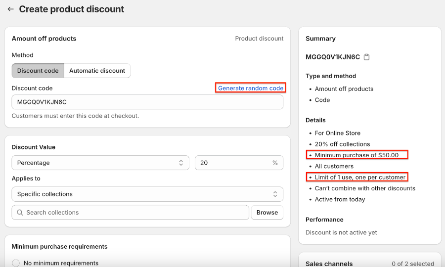 Screenshot showing Generate a random discount code as a placeholder for the rewards that will automatically dispensed by Extole. We recommend setting a minimum purchase amount...