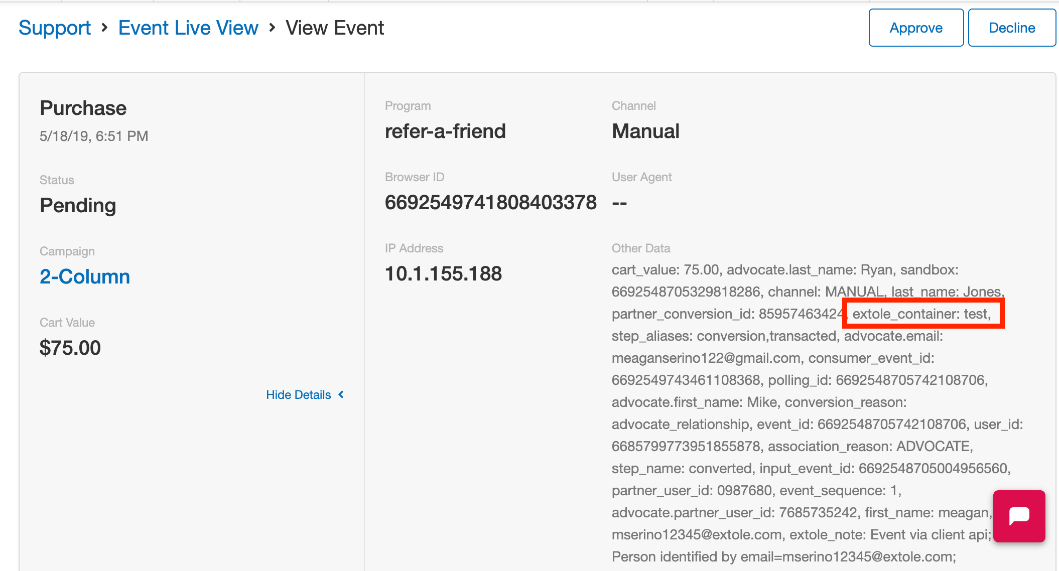 Screenshot showing You should be all set. To verify, you can go to your referral program and make a share. Then go to the Event Live View section in My.Extole and inspect your...