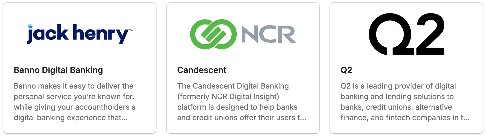 Screenshot showing You can use our partner integrations with Q2, Banno, and Candescent to easily connect Extole to your existing digital banking systems. Extole also supports a...