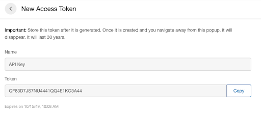 Screenshot showing Create your first key via the "Create New Access Token" button. Extole temporarily displays the newly created and random key for you.
