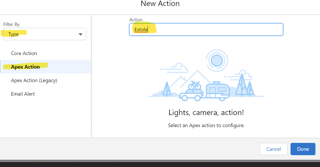 Screenshot showing Select the Apex Action and Controller you just created.