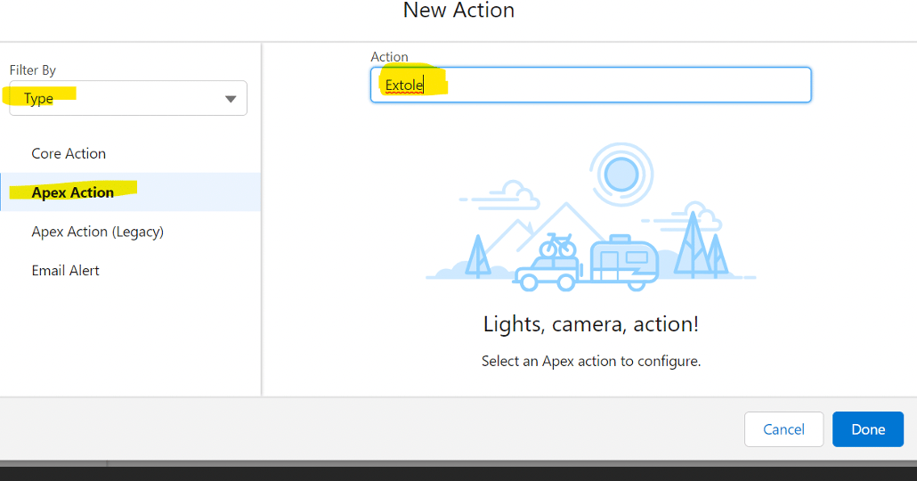 Screenshot showing Select the Apex Action and Controller you just created.