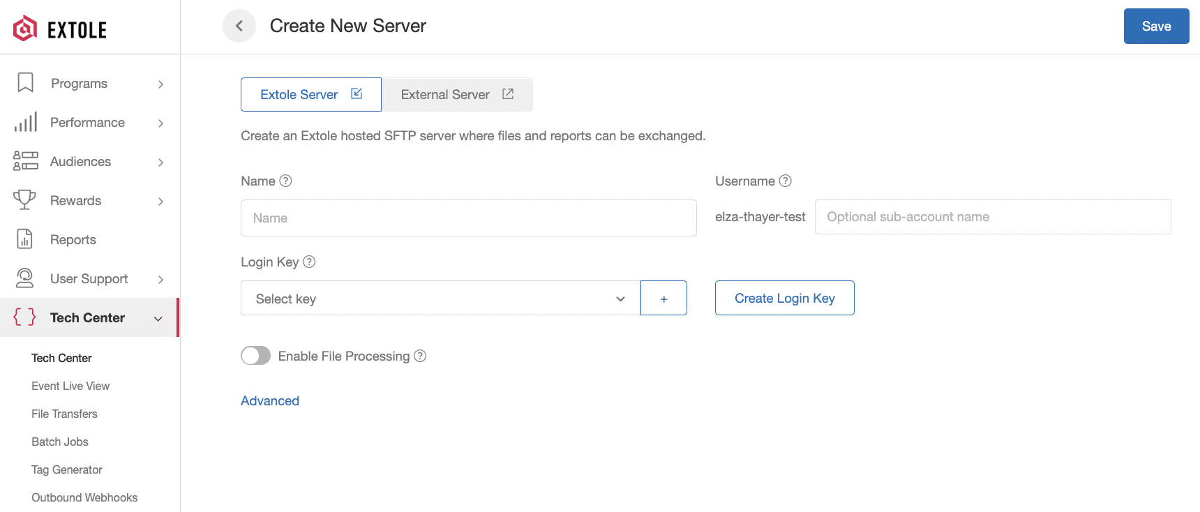 Screenshot showing You can create Extole SFTP servers as well as set up external servers to which you would like to send report data.