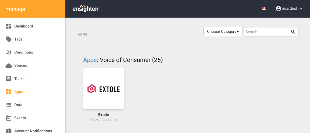 Screenshot showing From the Manage area in Ensighten, navigate to Apps, locate and launch the Extole app. You'll be able to find the Extole app inside of the Voice of Consumer...