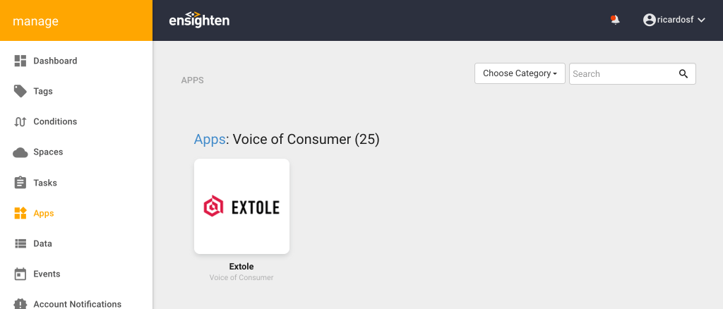Screenshot showing From the Manage area in Ensighten, navigate to Apps, locate and launch the Extole app. You'll be able to find the Extole app inside of the Voice of Consumer...