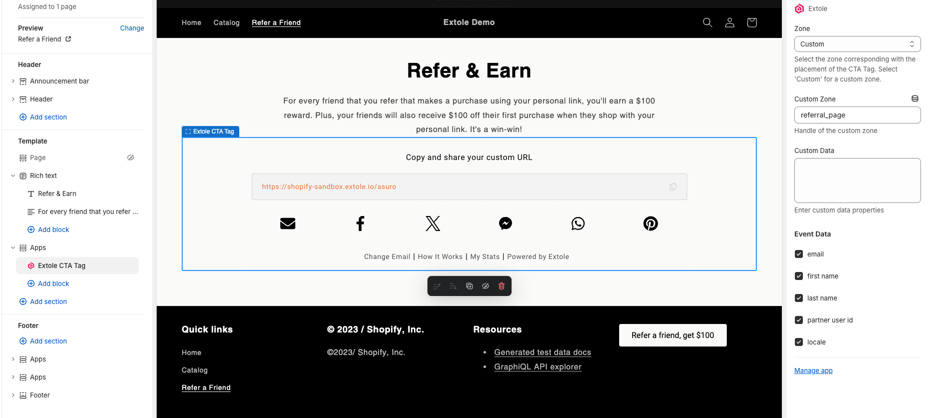Screenshot showing Then, create your page in Shopify and add an Extole CTA Tag app block to wherever you would like to embed the referral page experience. To load the Extole...