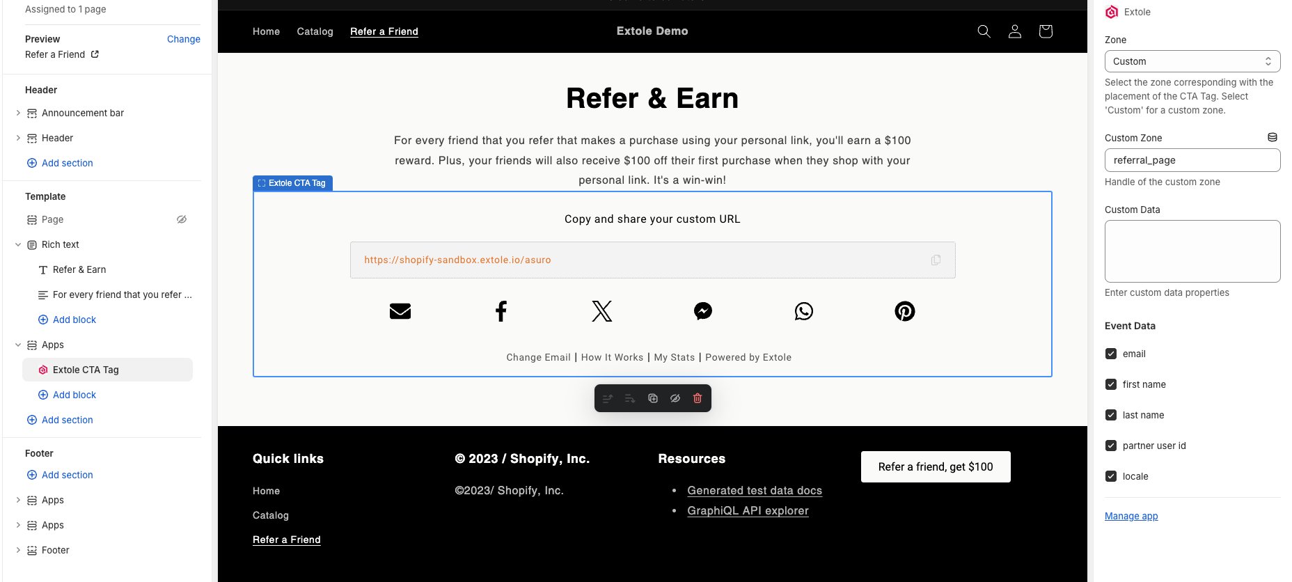 Screenshot showing Then, create your page in Shopify and add an Extole CTA Tag app block to wherever you would like to embed the referral page experience. To load the Extole...