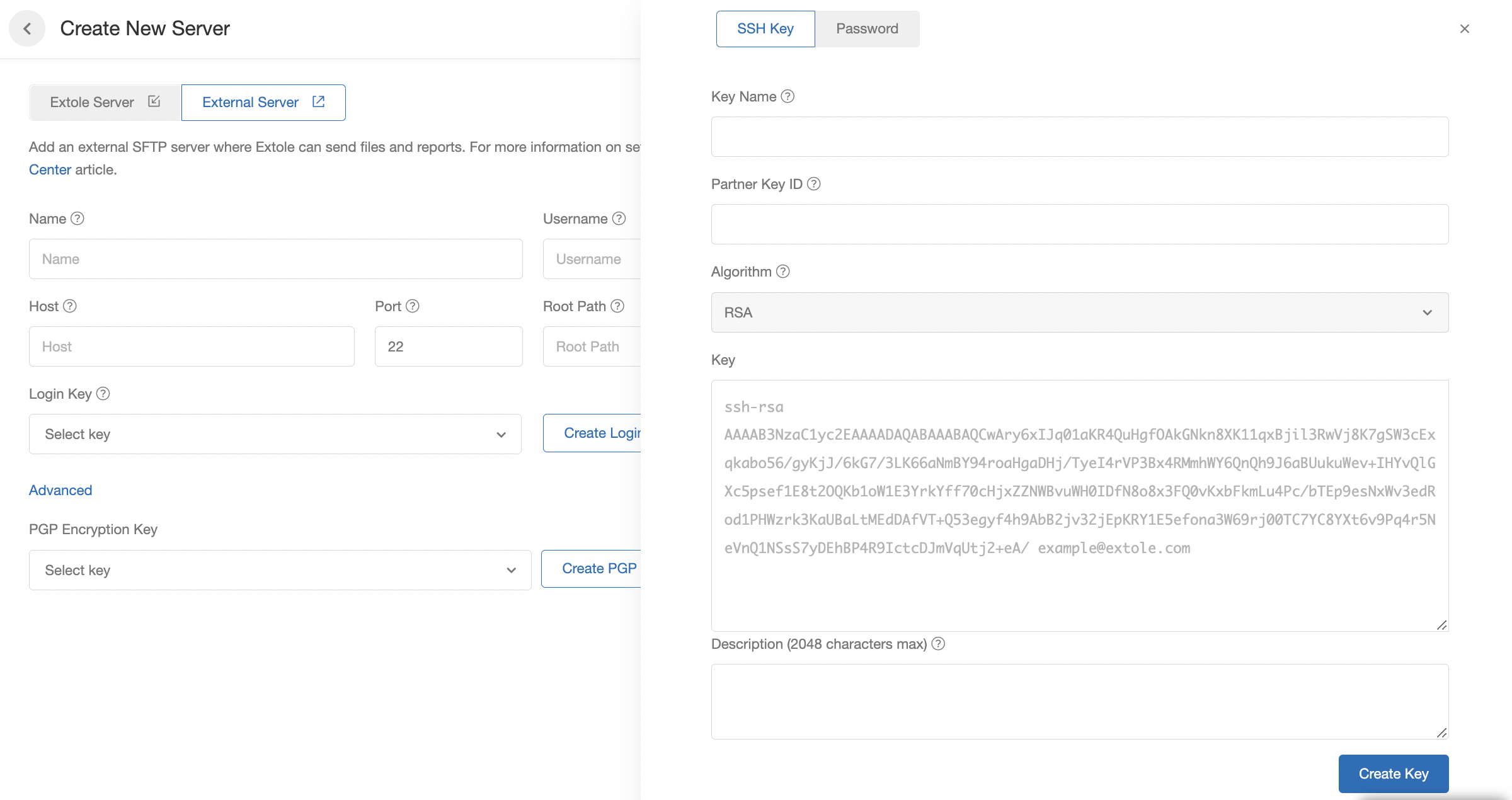 Screenshot showing Login Key: The key used to access the SFTP server. Click on the "Create Login Key" button to create a new SSH key or password and fill out the required...