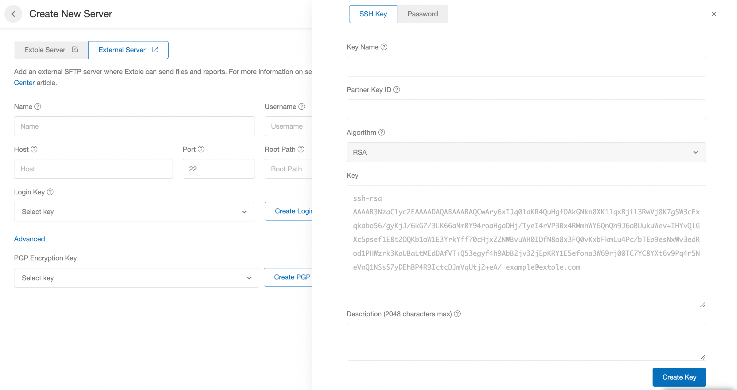 Screenshot showing Login Key: The key used to access the SFTP server. Click on the "Create Login Key" button to create a new SSH key or password and fill out the required...