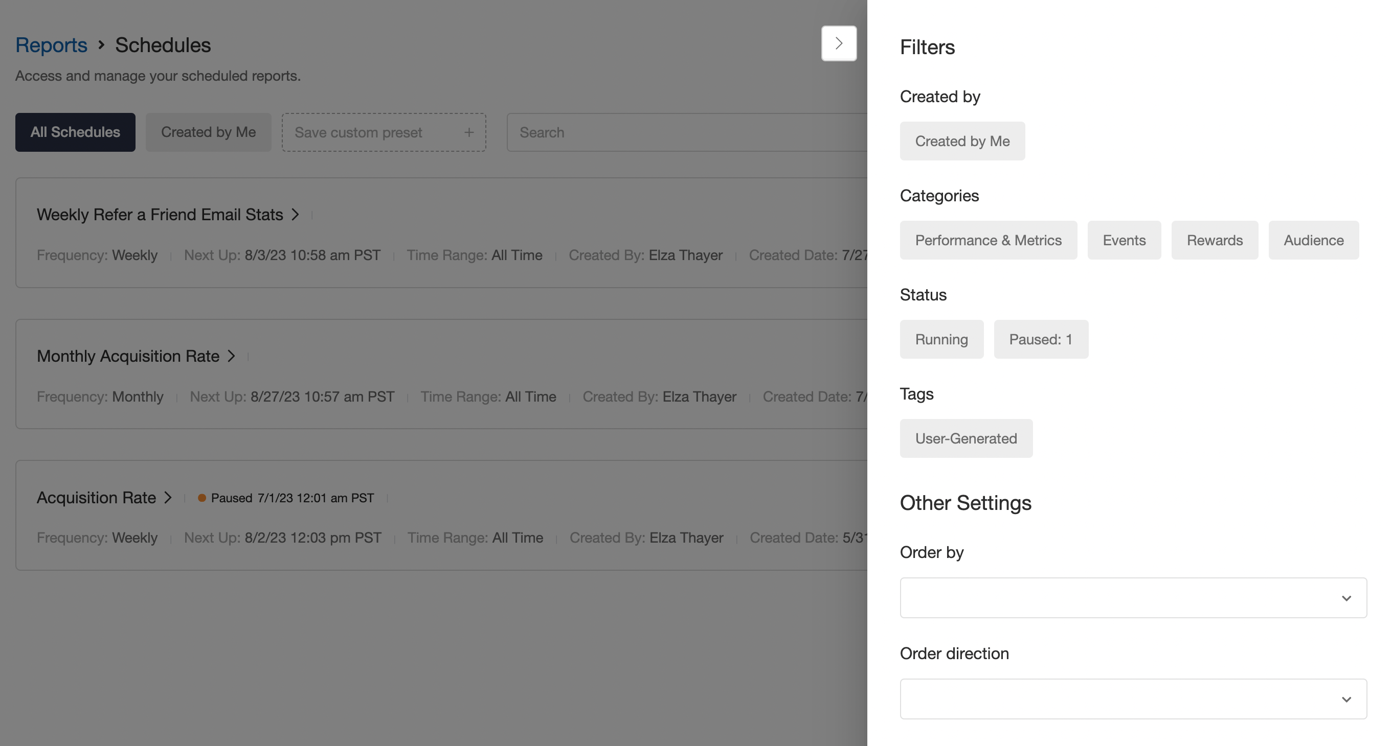 Filter menu for the scheduled reports page
