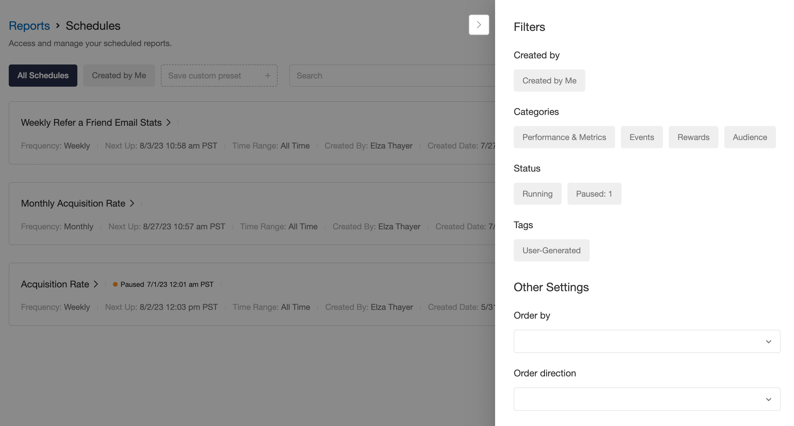 Filter menu for the scheduled reports page
