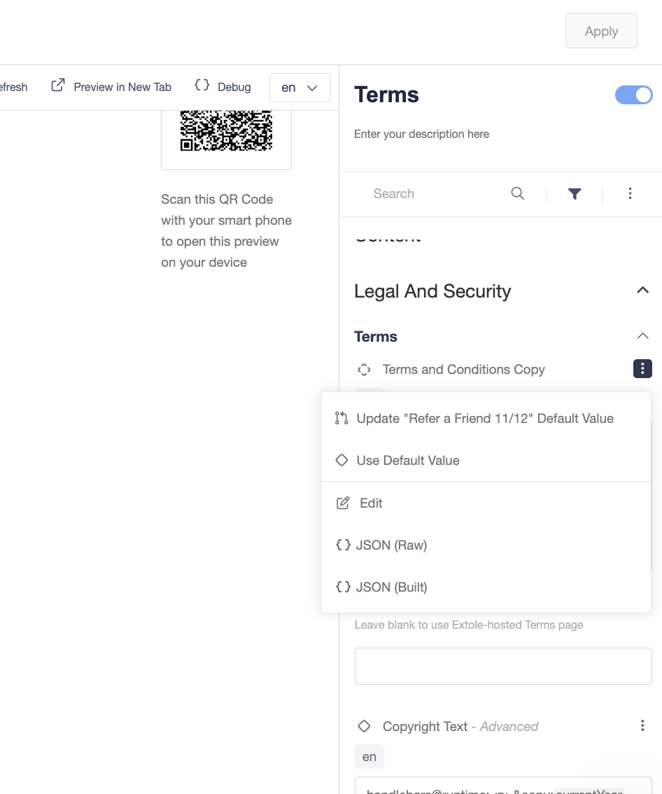 Screenshot showing Click the 3 dots next to Terms and Conditions Copy and choose “ Update {campaign name} Default Value”. This will update the Overview variable to match the...