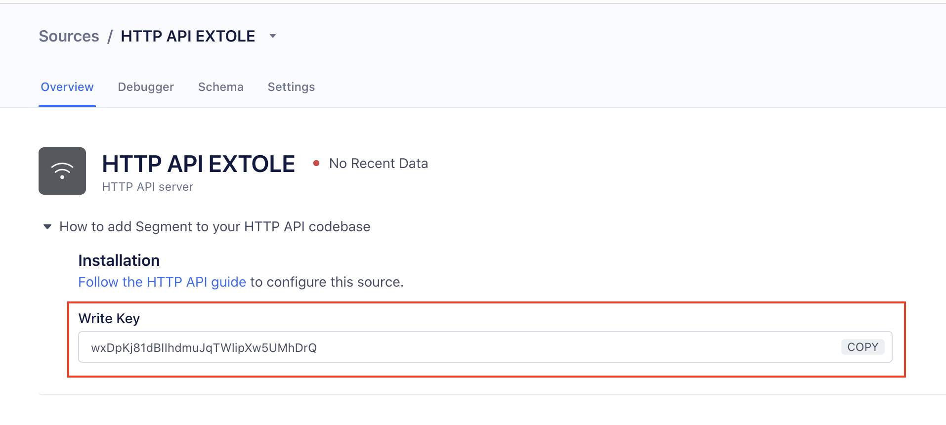 Screenshot showing Segment HTTP Source