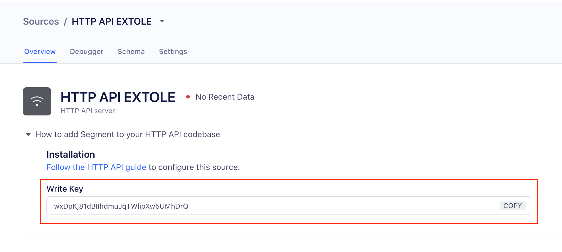 Screenshot showing Segment HTTP Source
