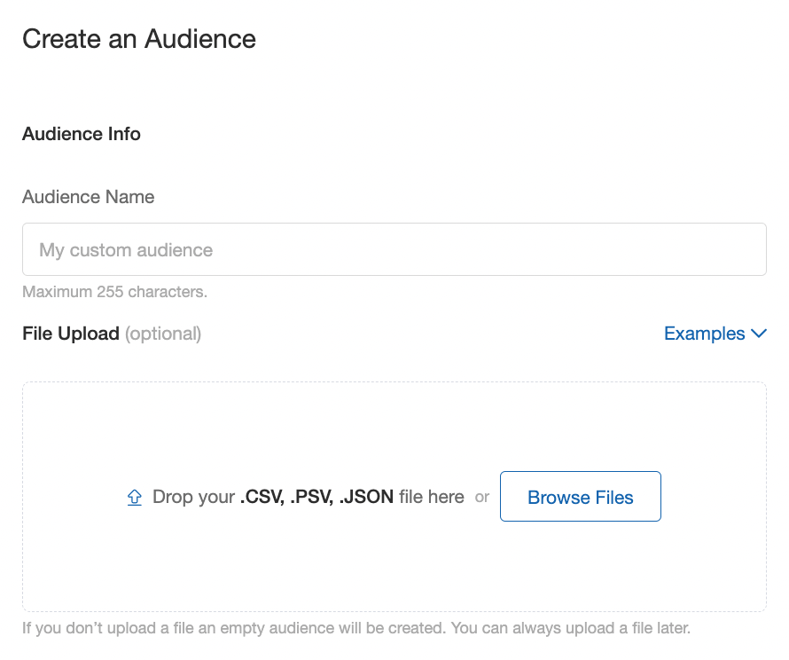 Screenshot showing This page allows you to create audiences by easily uploading CVS, PSV, or JSON files of audience members. You can also create an empty audience to add...