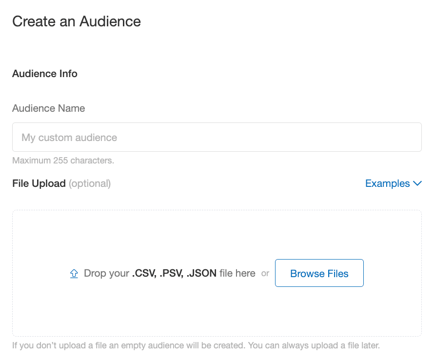 Screenshot showing This page allows you to create audiences by easily uploading CVS, PSV, or JSON files of audience members. You can also create an empty audience to add...