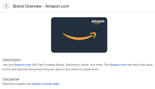 Screenshot showing > To view the disclaimer and branding requirements, go to your Rewardsand click on View Gift Cards.