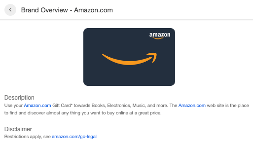 Screenshot showing > To view the disclaimer and branding requirements, go to your Rewardsand click on View Gift Cards.